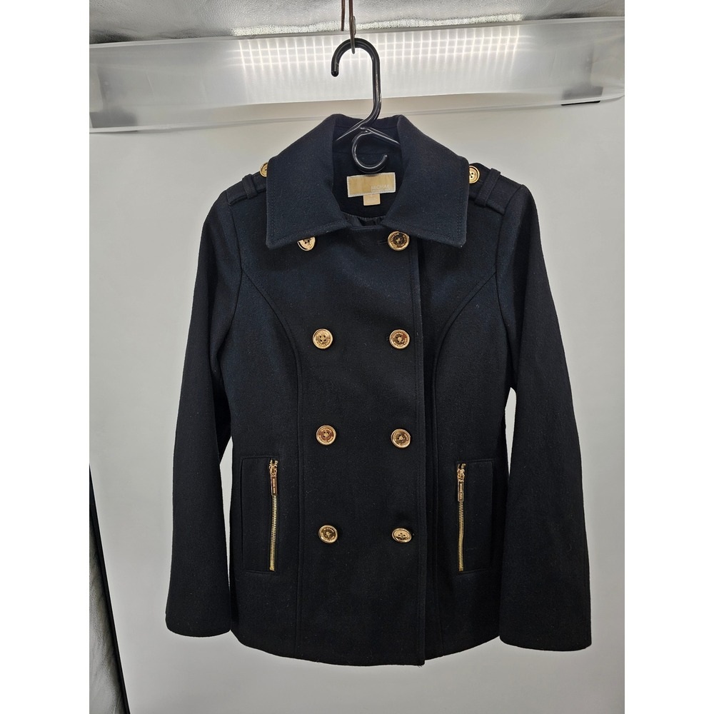 Michael Kors Womens Black Double Breasted Gold Button Peacoat Jacket Size‎ 6